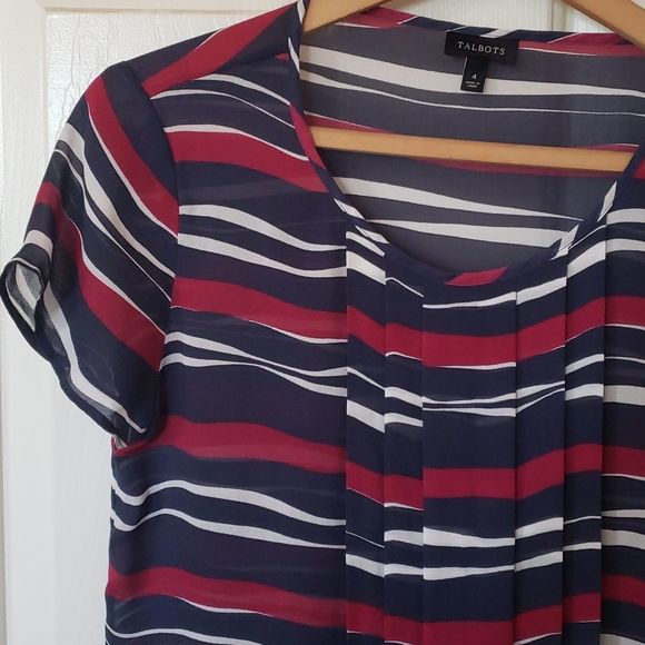 TALBOTS Silk Blouse Navy Blue Burgundy Painterly Stripe Pleats - Picture 7 of 10